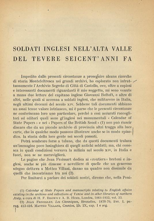 Soldati inglesi nell'Alta Valle del Tevere seicent'anni fa. Estratto dal "Bollettino della Deputazione Storia patria, per l'Umbria" - G. Franceschini - copertina
