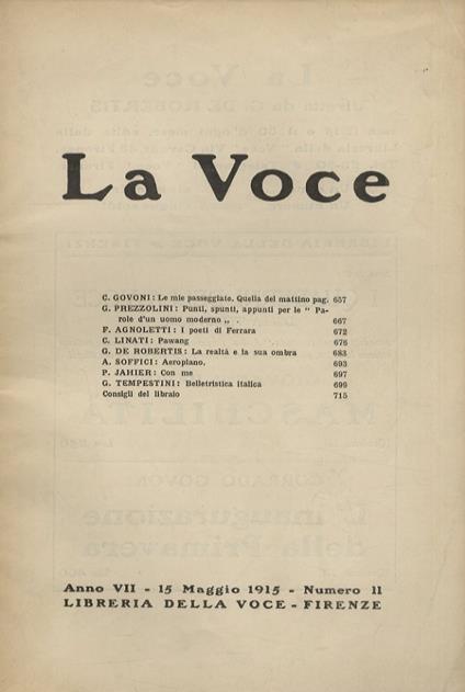 VOCE (LA). Diretta da G. De Robertis. Anno VII. 15 maggio 1915. Numero 11 - copertina