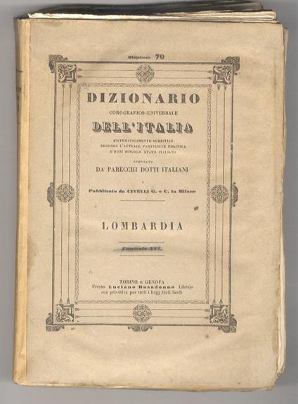 DIZIONARIO corografico della Lombardia compilato da parecchi dotti italiani. Seconda edizione, riveduta per cura dell’I.R. capitano Felice Griffini - copertina
