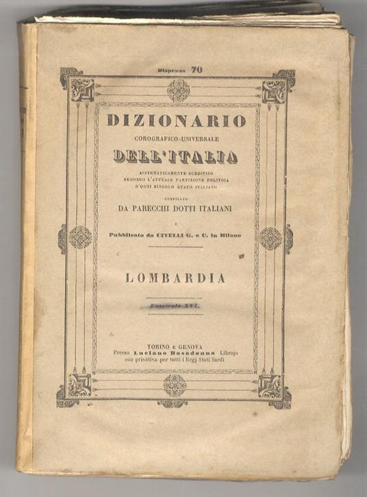 DIZIONARIO corografico della Lombardia compilato da parecchi dotti italiani. Seconda edizione, riveduta per cura dell’I.R. capitano Felice Griffini - copertina