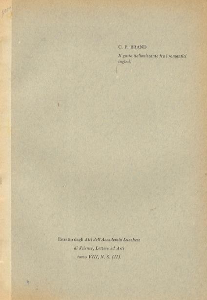 Il gusto italianizzante fra i romantici inglesi - C.P Brand - copertina