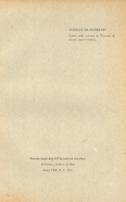 Cenni sulla censura in Toscana di alcuni autori inglesi - Achille De Rubertis - copertina