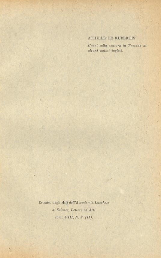 Cenni sulla censura in Toscana di alcuni autori inglesi - Achille De Rubertis - copertina
