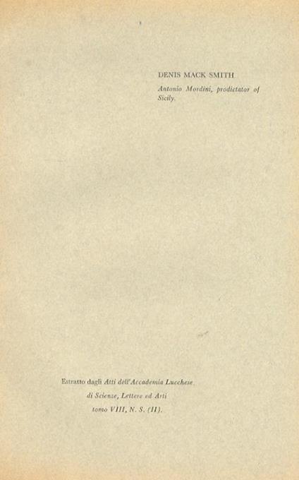 Antonio Mordini, prodictator of Sicily - Denis Mack Smith - copertina