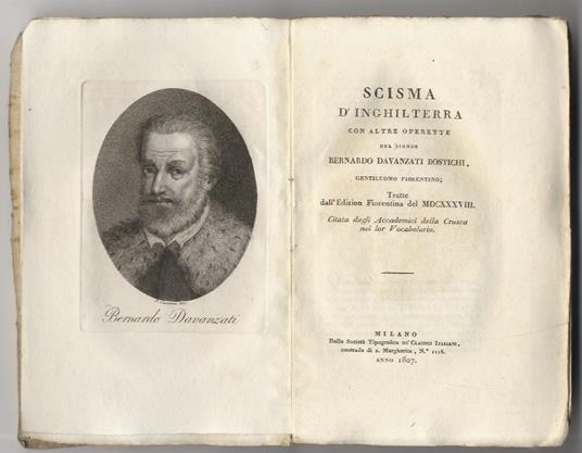 Scisma d’Inghilterra con altre operette [...] Tratte dall’edizione fiorentina del MDCXXXVIII citata dagli Accademici della Crusca nel lor Vocabolario - Bernardo Davanzati - copertina