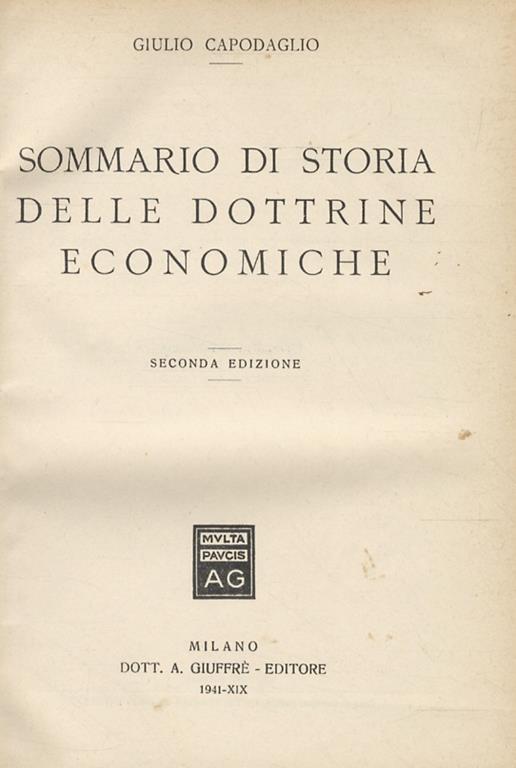 Sommario di storia delle dottrine economiche. Seconda edizione - Giulio Capodaglio - copertina