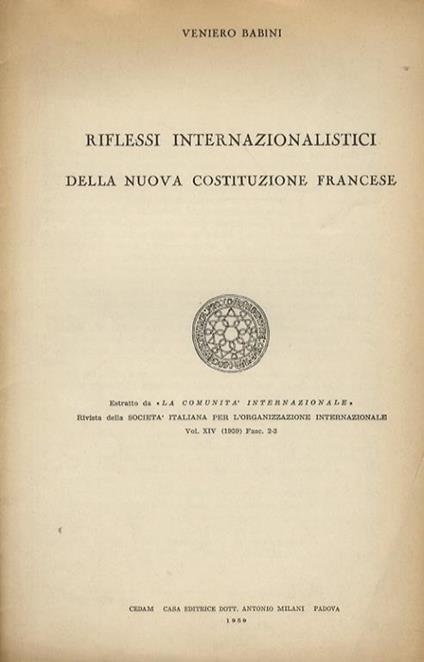Riflessi internazionalistici della nuova costituzione francese - Veniero Babini - copertina