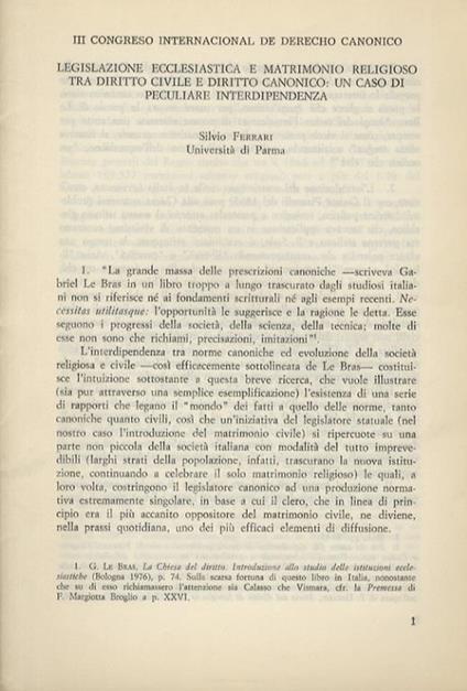 Legislazione ecclesiastica e matrimonio religioso tra diritto civile e diritto canonico: un caso di peculiare interdipendenza - Silvio Ferrari - copertina
