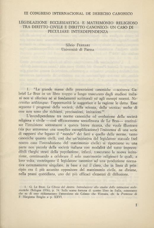 Legislazione ecclesiastica e matrimonio religioso tra diritto civile e diritto canonico: un caso di peculiare interdipendenza - Silvio Ferrari - copertina