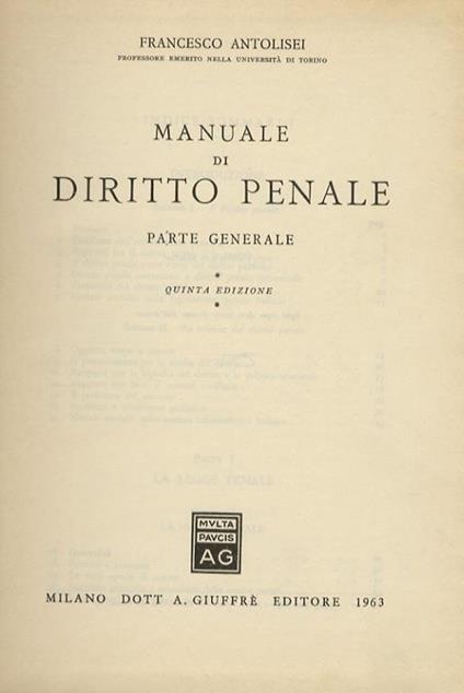 Manuale di diritto penale. Parte generale. Quinta edizione - Francesco Antolisei - copertina