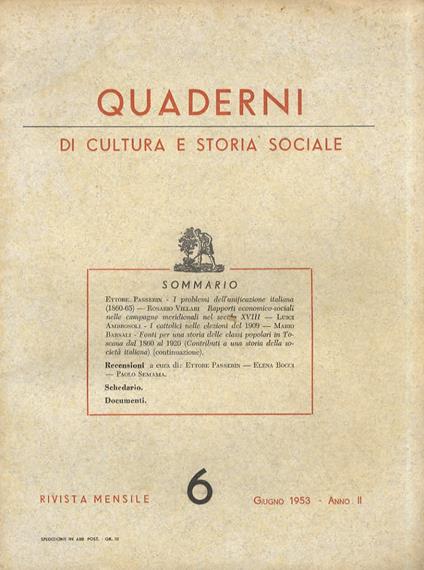QUADERNI di cultura e storia sociale. Rivista mensile. Anno II. 1953: N. 3-4 (marzo-aprile), n. 6 (giugno) - copertina
