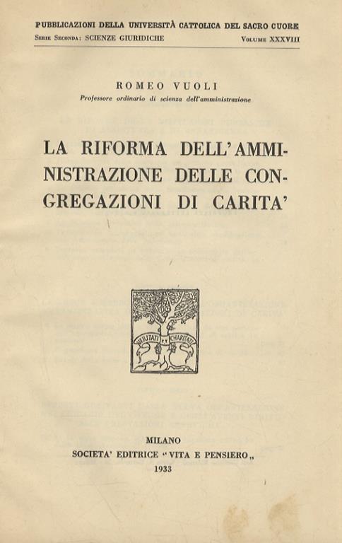 La riforma dell’amministrazione delle congregazioni di carità - Romeo Vuoli - copertina