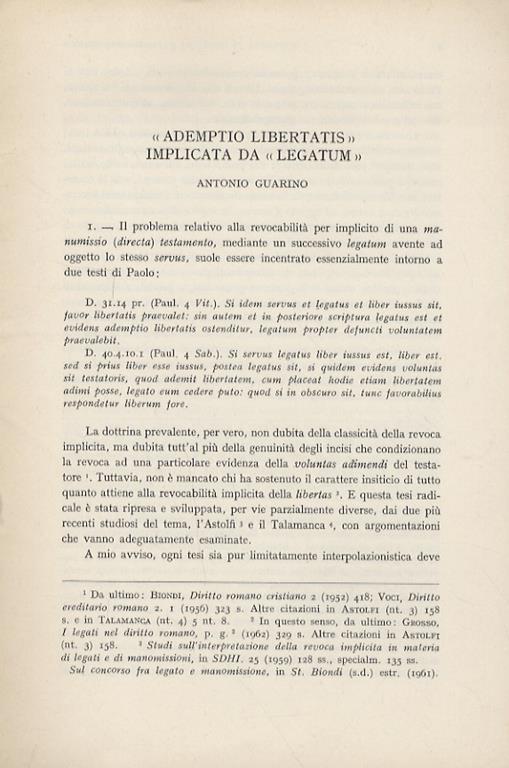 «Ademptio liberatis» implicata da «legatum» - Antonio Guarino - copertina
