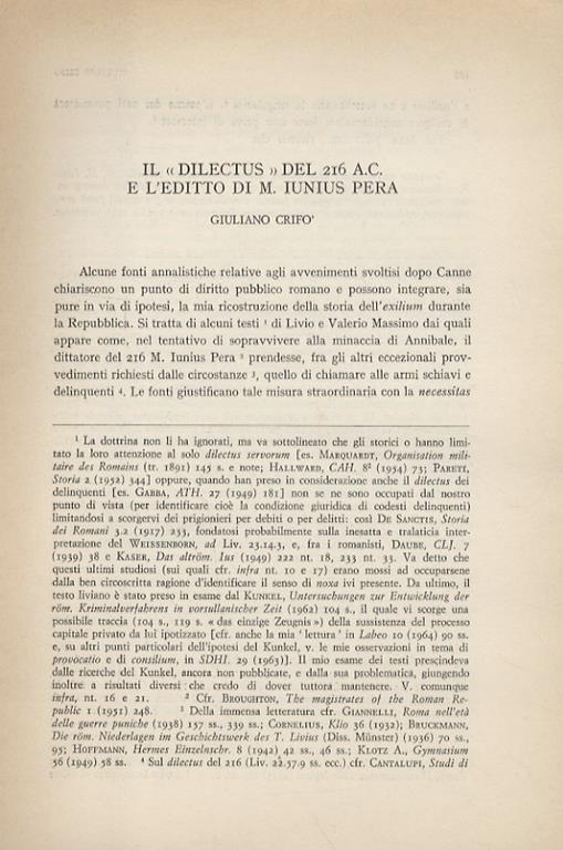 Il «dilectus» del 216 a.c. e l’editto di M. Iunius Pera - Giuliano Crifò - copertina