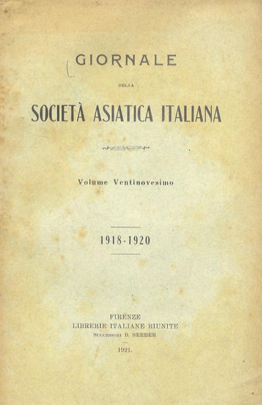 GIORNALE della Società Asiatica Italiana. Volume ventinovesimo. 1918-1920 - copertina