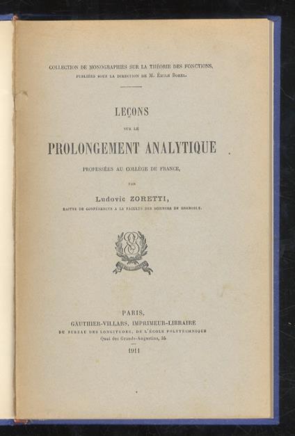 Lecons sur le prolongement analytique - Ludovic Zoretti - copertina