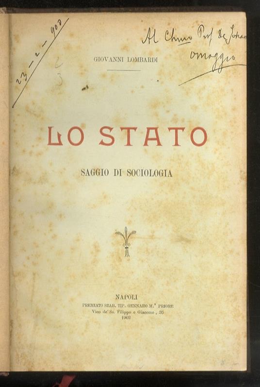Lo Stato. Saggio di sociologia - Giovanni Lombardi - copertina
