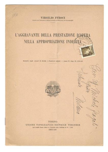 L’agravante della prestazione d’opera nella appropriazione indebita - Virgilio Feroci - copertina