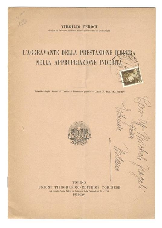 L’agravante della prestazione d’opera nella appropriazione indebita - Virgilio Feroci - copertina
