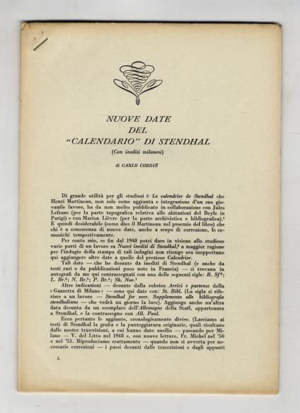 Nuove date del "Calendario" di Stendhal (con inediti milanesi). Estratto dalla Rivista di letterature moderne diretta da Carlo Pellegrini e Vittorio Santoli - Carlo Cordié - copertina