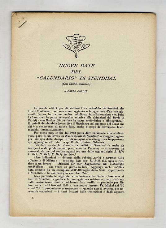 Nuove date del "Calendario" di Stendhal (con inediti milanesi). Estratto dalla Rivista di letterature moderne diretta da Carlo Pellegrini e Vittorio Santoli - Carlo Cordié - copertina