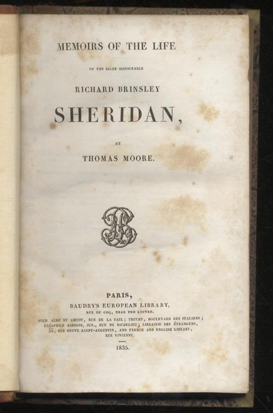 Memoirs of the life of the Rihgt Honourable Richard Brinsley Sheridan [...] - Thomas Moore - copertina
