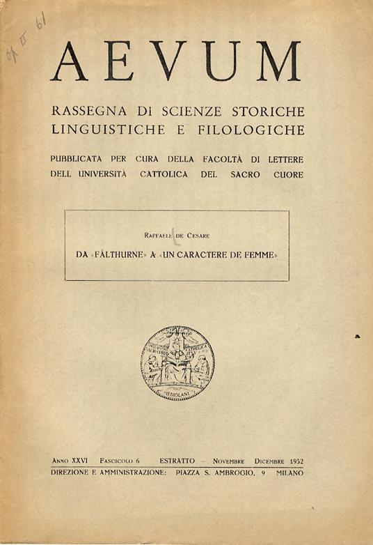 Da “Falthurne” a “Un caractere de femme” - Raffaele De Cesare - copertina