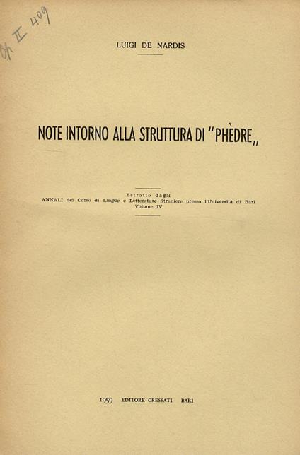 Note intorno alla struttura di “Phèdre” - Luigi De Nardis - copertina