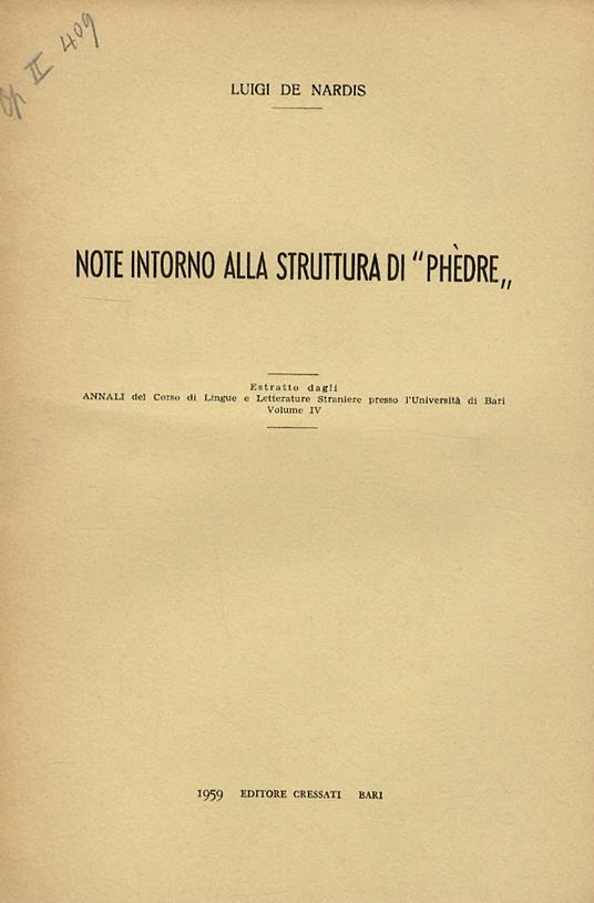Note intorno alla struttura di “Phèdre” - Luigi De Nardis - copertina