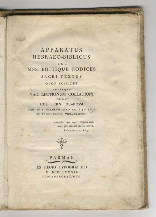 Apparatus Hebraeo-Biblicus seu Mss. editique codices sacri textus quos possidet novaeque var. lectionum collationi destinat Joh. Bern. De-Rossi [...] - Giovanni Bernardo De Rossi - copertina
