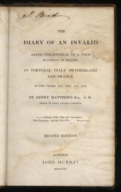 The Diary of an Invalid: Being the Journal of a Tour in Pursuit of Health, in Portugal, Italy, Switzerland, and France, in the Years 1817, 1818, and 1819 [...] Second edition - copertina