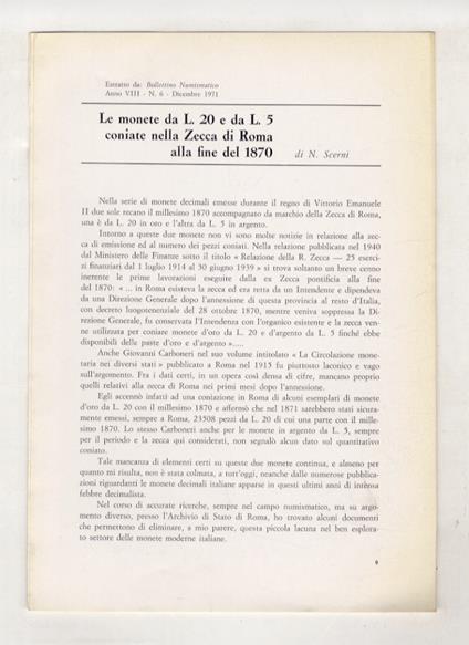 Le monete da L. 20 e da L. 5 coniate nella Zecca di Roma alla fine del 1870 - copertina