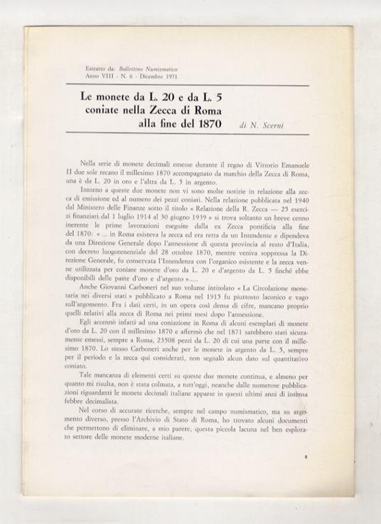 Le monete da L. 20 e da L. 5 coniate nella Zecca di Roma alla fine del 1870 - copertina