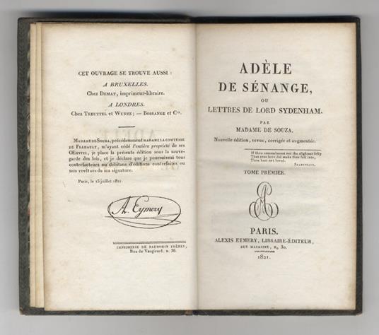 Adèle de Sénange, ou Lettres de Lord Sydenham. Nouvelle édition, revue, corrigée et augmentée - copertina