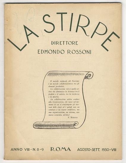 STIRPE (LA). Direttore Edmondo Rossoni. Annno VIII. N. 8-9. Agosto-sett. 1930-VIII - copertina