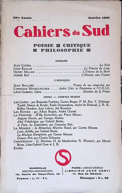 Cahiers du Sud. Année XXV, janvier 1938 - Jean Ballard - copertina