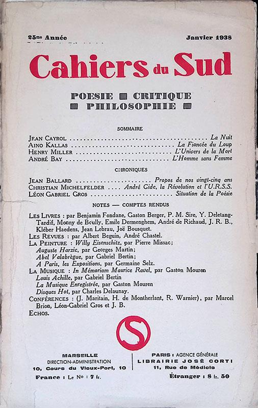 Cahiers du Sud. Année XXV, janvier 1938 - Jean Ballard - copertina