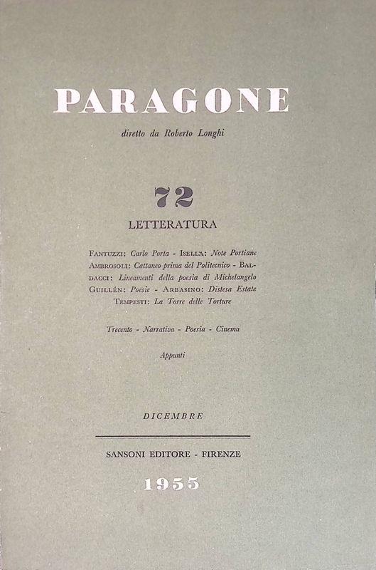 Paragone. Rivista di arte figurativa e letteratura. Letteratura. Anno VI, n. 72, dicembre 1955 - Roberto Longhi - copertina