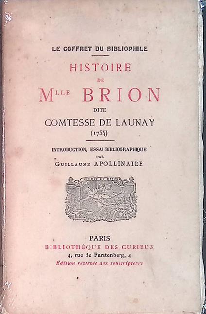 Histoire de M.lle Brion dite Comtesse de Launay - Guillaume Apollinaire - copertina