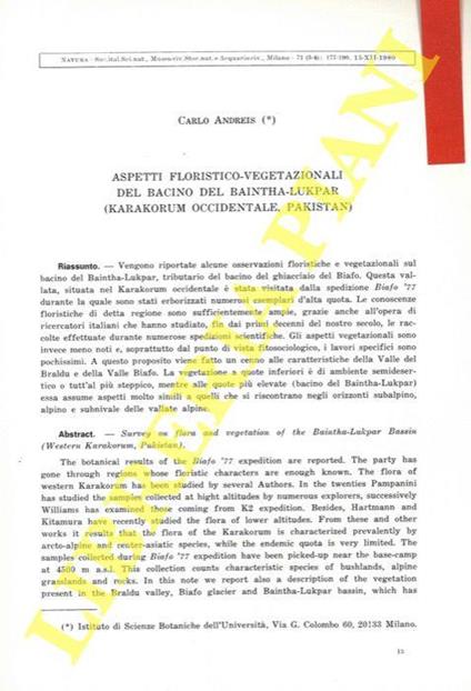 Aspetti floristico-vegetazionali del bacino del Baintha-Lukpar (Karakorum occidentale, Pakistan) - Carlo Andreis - copertina