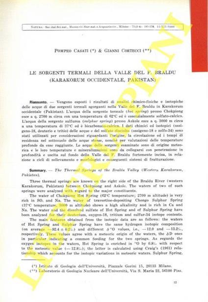 Le sorgenti termali della Valle del F. Braldu (Karakorum occidentale, Pakistan)  - Pompeo Casati - copertina