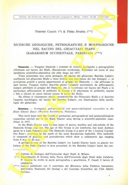 Ricerche geologiche, petrografiche e morfologiche nel bacino del ghiacciaio Biafo (Karakorum occidentale, Pakistan)  - Pompeo Casati - copertina