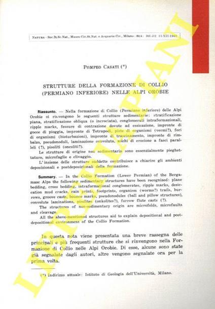 Strutture della formazione di Collio (Permiano inferiore) nelle Alpi Orobie) - Pompeo Casati - copertina
