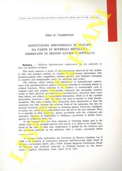 Sostituzioni idrotermali di silicati da parte di minerali metallici osservate in sezioni lucide e sottili - Dino Di Colbertaldo - copertina
