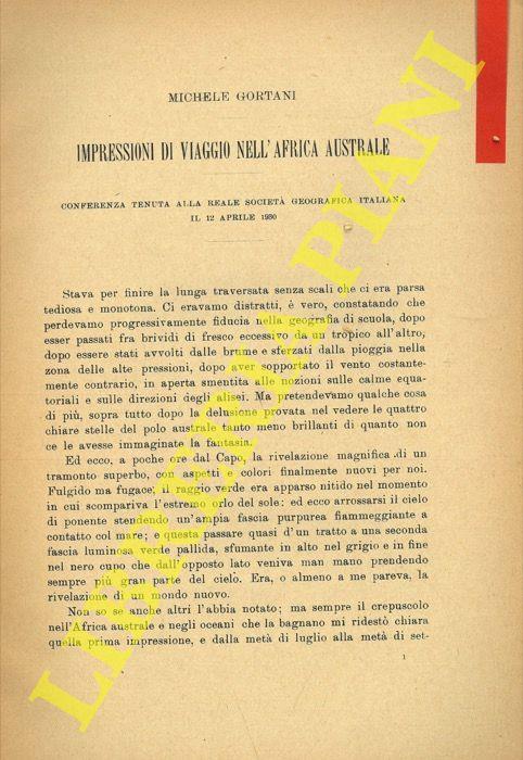 Impressioni di viaggio nell'Africa Australe - Michele Gortani - copertina