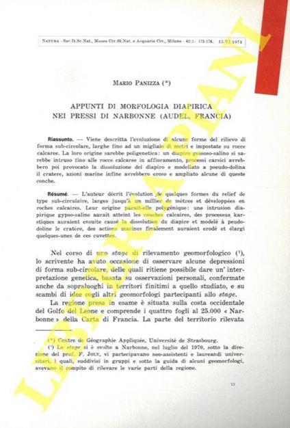 Appunti di morfologia diapirica nei pressi di Narbonne (Aude, Francia) - Mario Panizza - copertina