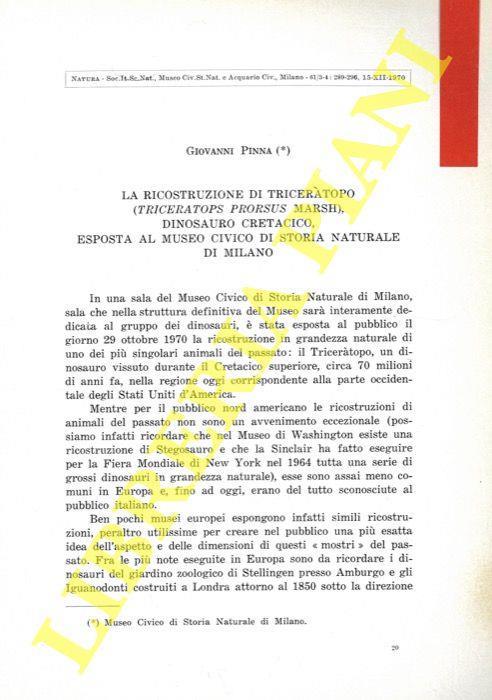 La ricostruzione di Triceratopo (Triceratops prorsus Marsh) dinosauro cretacico, esposta al Museo Civico di Storia Naturale di Milano - Giovanni Pinna - copertina
