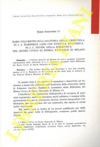 Raro volumetto sull'anatomia della chiocciola di J.J. Harderus (1679) con epistola anatomica di J. C. Peyer, nella Biblioteca del Museo Civico di Storia Naturale di Milano - Mario Schiavone - copertina