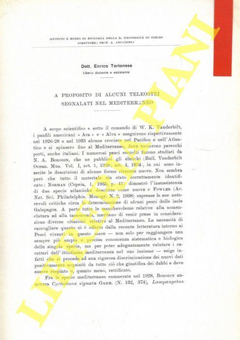 A proposito di alcuni teleostei segnalati nel Mediterraneo - Enrico Tortonese - copertina