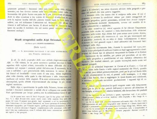 Studi orografici nelle Alpi Orientali. Il nomadismo pastorale e le zone altimetriche nel Veneto orientale. Ricerche glaciologiche. Ricerche sulla morfologia delle regioni scistose molto elevate. Ricerche sulla morfologia delle regioni gessose - Olinto Marinelli - copertina